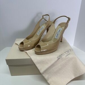 Jimmy Choo Nova Nude Patent Leather Peep Toe Slingback Heels Platform 36.5